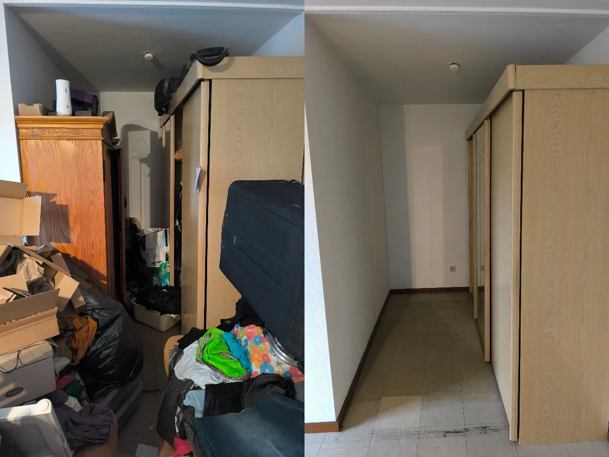 Vorher-Nachher Bild einer Entrümpelung – unordentliches Zimmer mit Möbeln und Kartons links, leerer sauberer Raum rechts