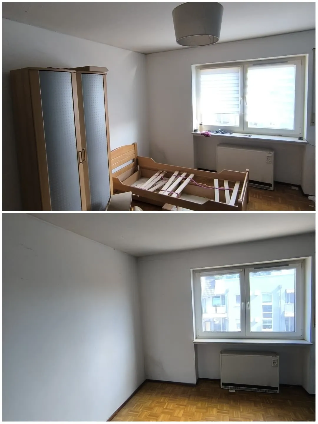 Schlafzimmer Haushaltsauflösung vorher nachher – Kleiderschrank und Bett geräumt durch HaDiCo Mönchengladbach