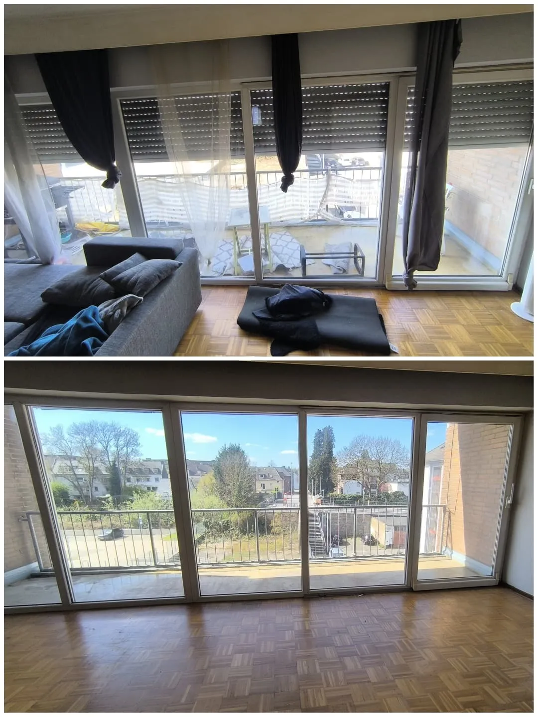 Wohnzimmer Entrümpelung vorher nachher – Sofa und Möbel entfernt, besenreine Übergabe durch HaDiCo Mönchengladbach