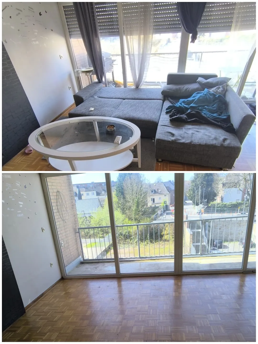 Wohnzimmer Haushaltsauflösung vorher nachher – komplett geräumt mit Balkonzugang durch HaDiCo Mönchengladbach